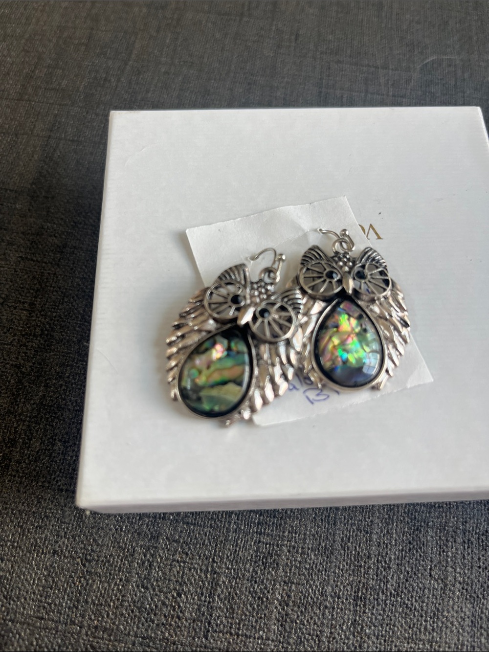 Silver Owl Drop Earrings with Iridescent Teardrop Inlay